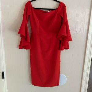Bright coral off the shoulder Milly cocktail dress